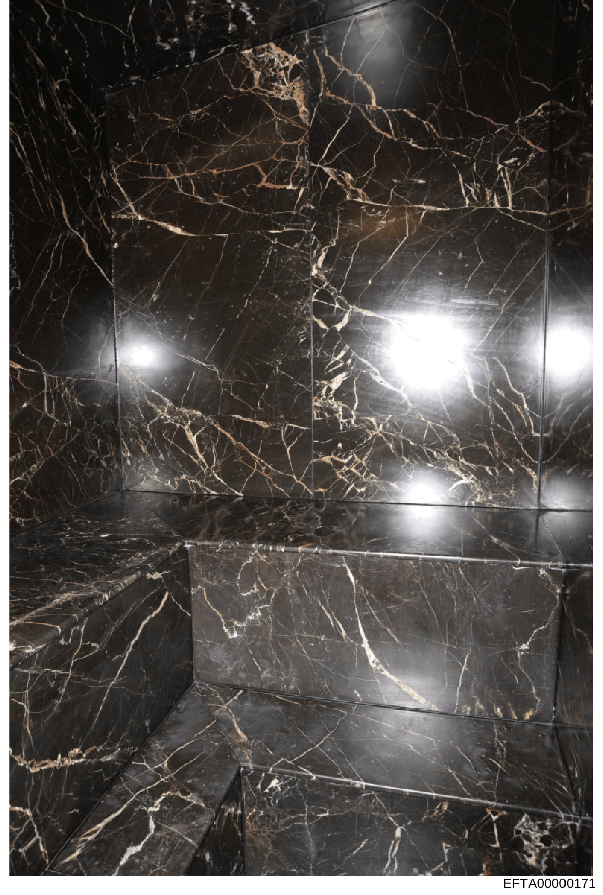 This is a photograph of a high-end bathroom interior featuring black marble tile walls with gold veining and recessed lighting fixtures. The image captures luxury residential property finishes, likely from one of Epstein's known residences. The photo