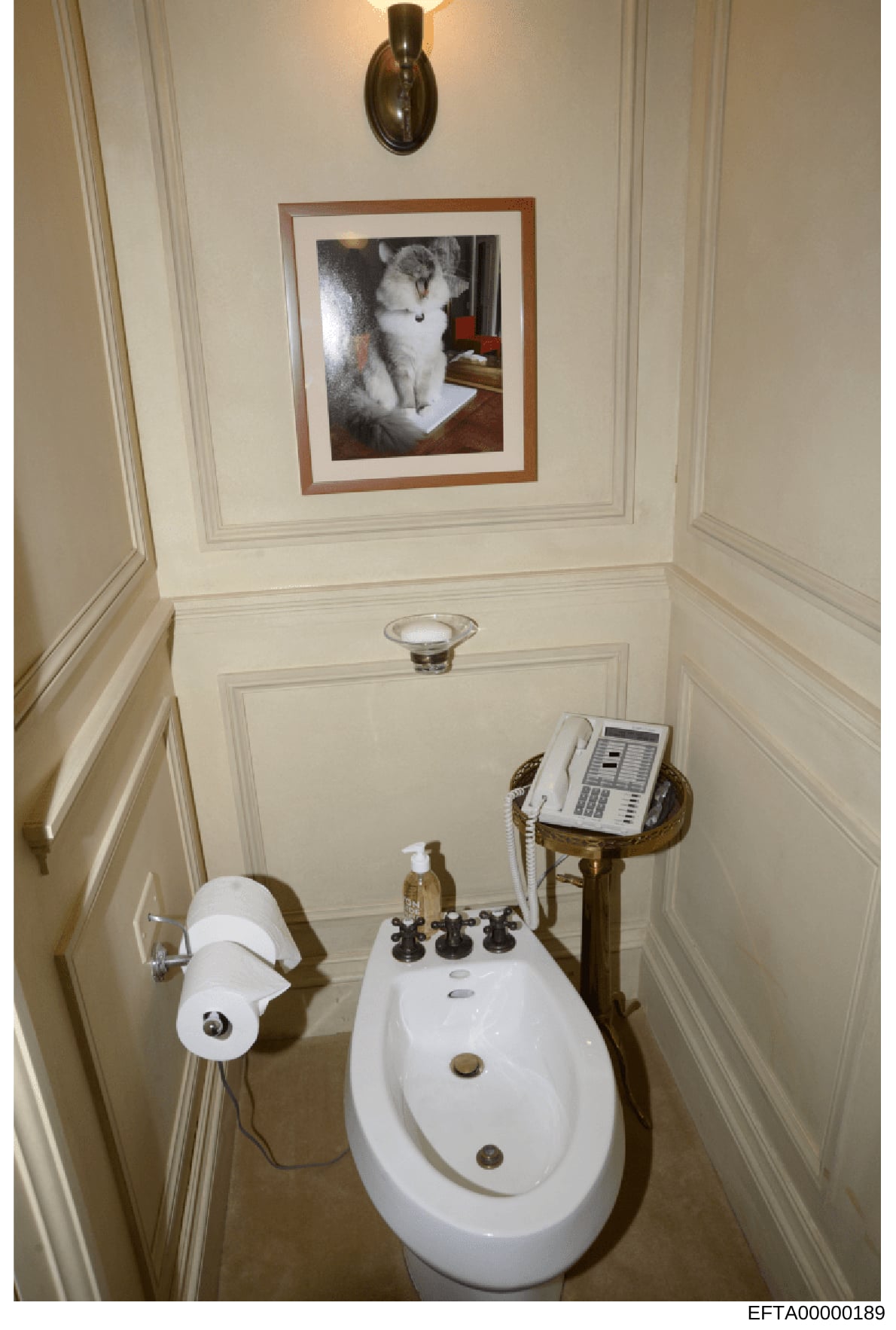 This is a photograph of a bathroom interior, likely from one of Jeffrey Epstein's properties, showing a white oval sink with black fixtures, toilet paper holder, a white telephone on a stand, and wall-mounted decorations including a framed photograph