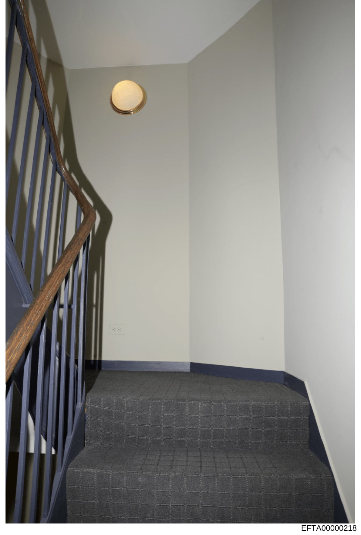 This is a photograph of an interior stairwell or landing area, showing a dark gray carpeted floor, white walls, wooden railing on the left side, and a brass or gold-toned circular ceiling fixture. The image appears to be from a property documentation