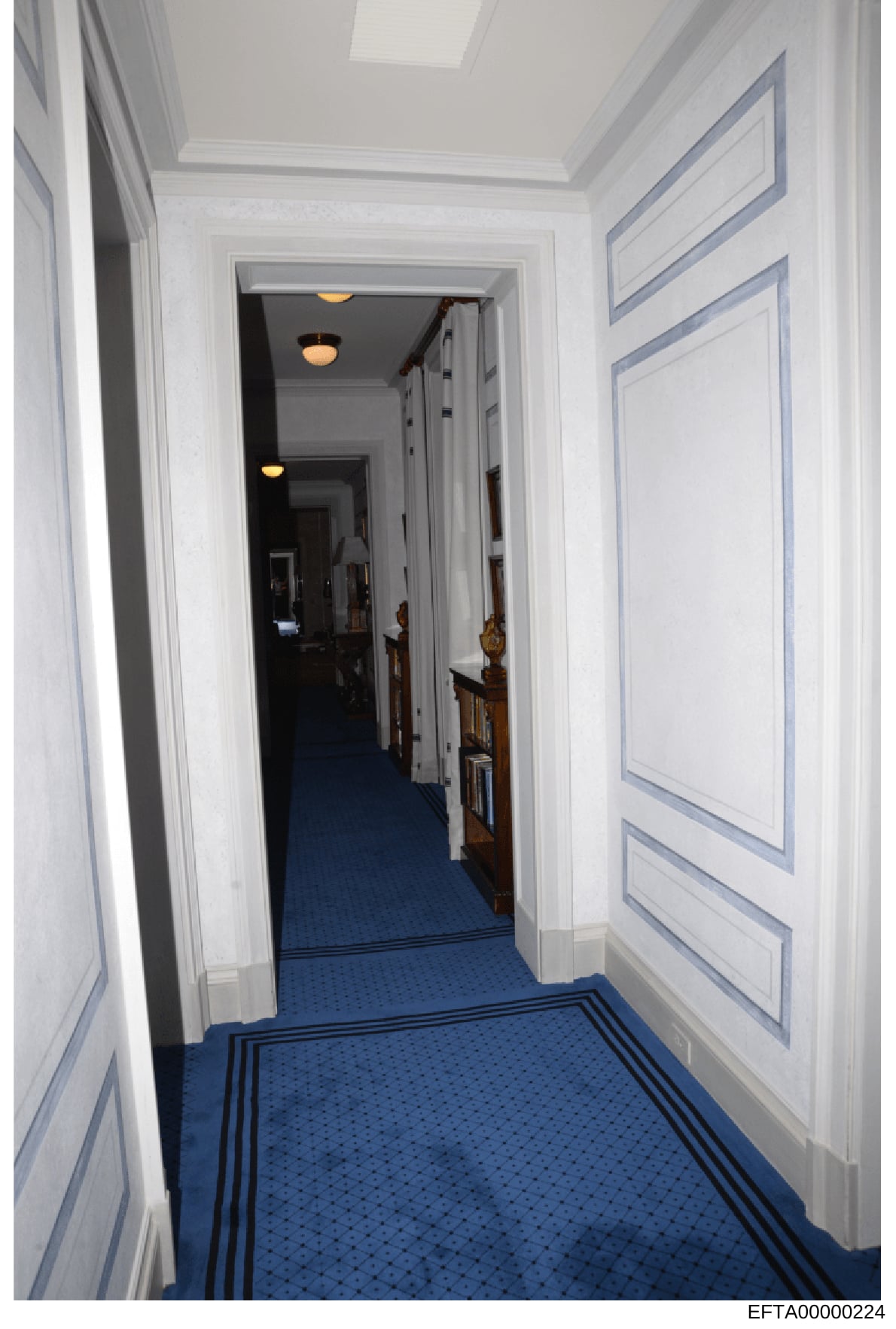 This is a photograph of an elegant hallway within one of Jeffrey Epstein's properties, showing white painted walls with decorative blue trim, a blue patterned carpet runner, coffered ceiling details, and classical fixtures including bronze decorative