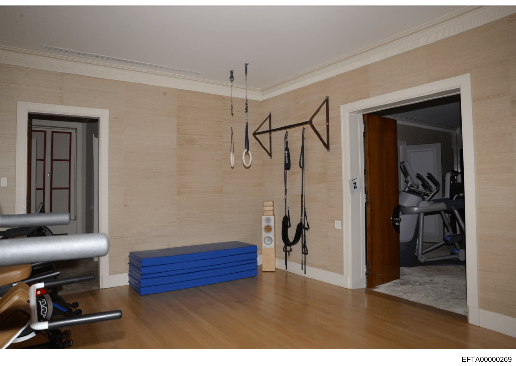 This is a photograph of a private home gymnasium featuring fitness equipment and wall-mounted training apparatus. The room contains suspended training rings, a pull-up bar arrangement, blue exercise mats, cardio equipment, and access to an adjacent f