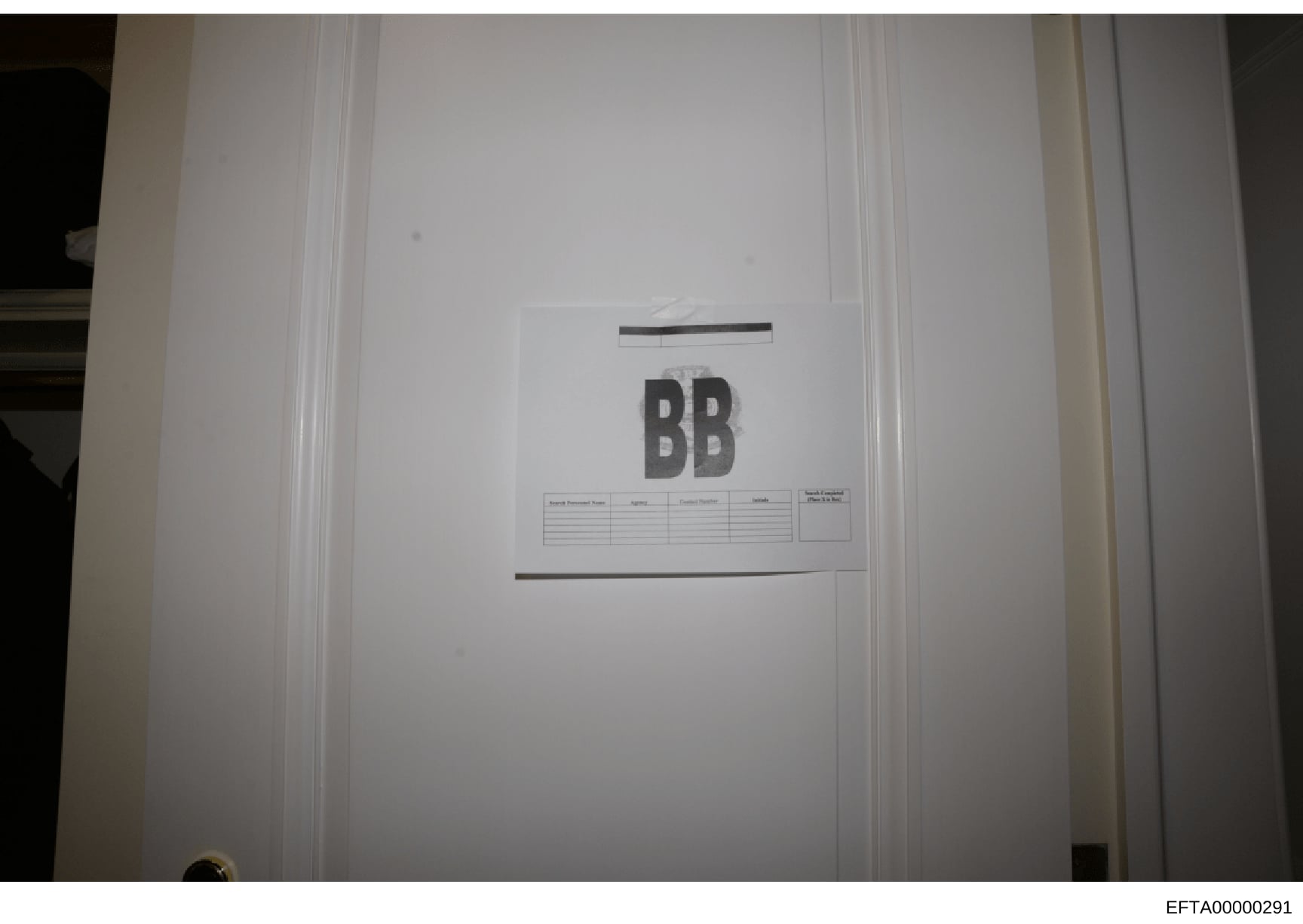 This is a photograph of a document cover page or divider marked with large 'BB' letters and a Bates stamp identifier. The page appears to be part of an organized document collection in the Epstein investigation files, with filing reference fields vis