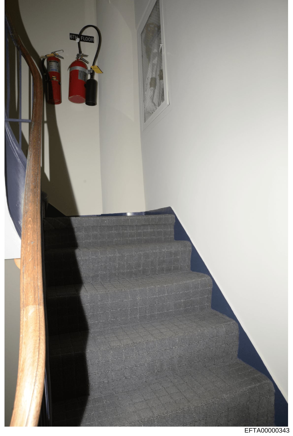 This is a photograph of an interior stairwell showing building infrastructure and safety compliance. The image depicts a flight of stairs with gray carpeting, a wooden handrail, white walls, and multiple fire extinguishers mounted on the wall with a