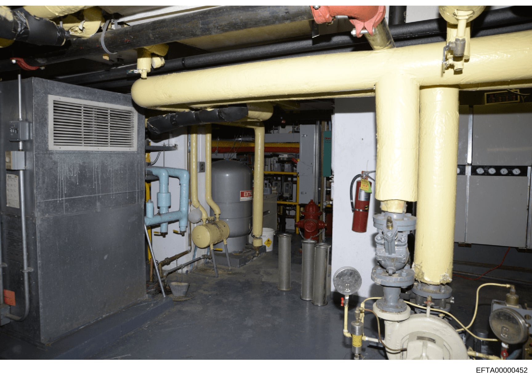 This photograph documents the basement mechanical room of a property, showing the building's HVAC, plumbing, and utility infrastructure including heating systems, piping, fire suppression equipment, and electrical panels. The image appears to be evid