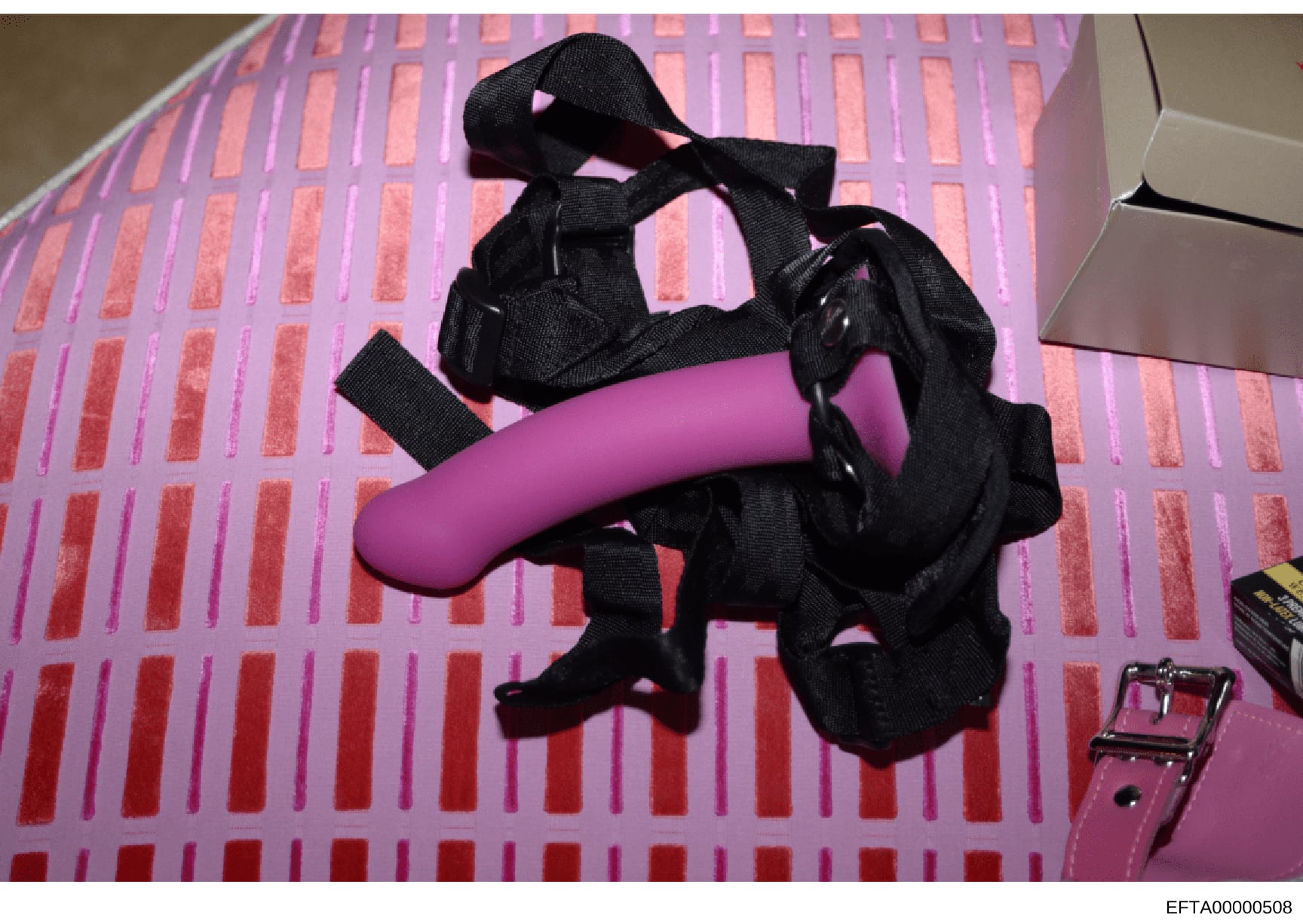 This is an evidence photograph showing a pink and red striped fabric surface with black straps and what appears to be an adult intimate item. The photo is marked as evidence material from the Epstein investigation files and includes a Bates stamp ide