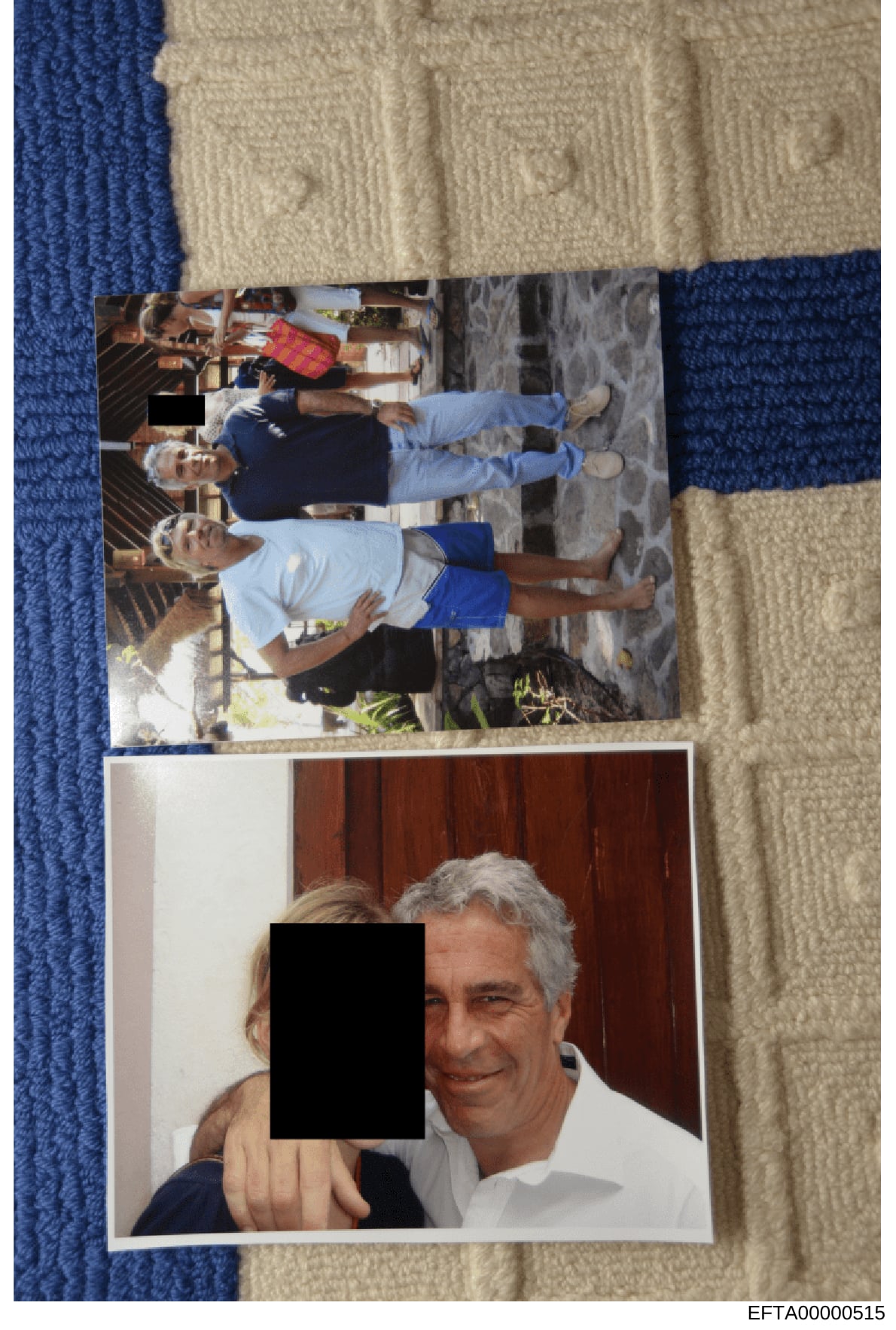 This document contains two printed photographs laid on a striped textile surface. The top photo shows multiple individuals standing outdoors at what appears to be a residential property with patterned exterior walls. The bottom photo is a close-up po