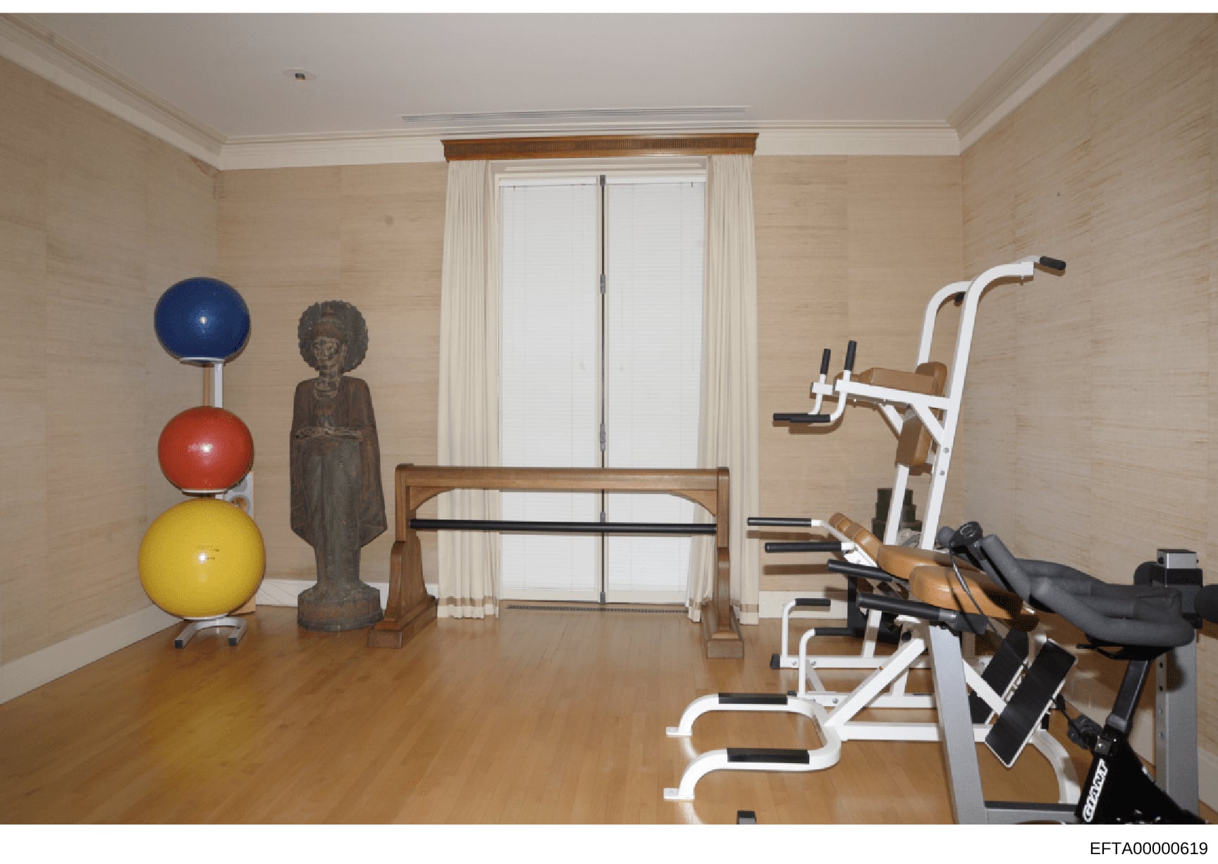 This photograph shows an interior gymnasium or fitness room in what appears to be one of Jeffrey Epstein's residences. The room contains multiple pieces of exercise equipment including stationary bicycles, exercise balls, and weight machines, along w