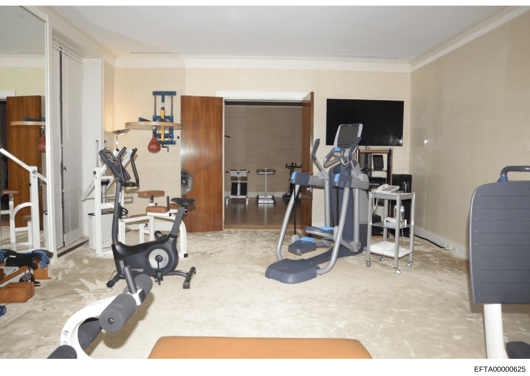 This is a photograph of a well-equipped private gymnasium or fitness room featuring multiple exercise machines, cardio equipment, and training apparatus. The space appears to be located within a residential property and shows a professionally designe