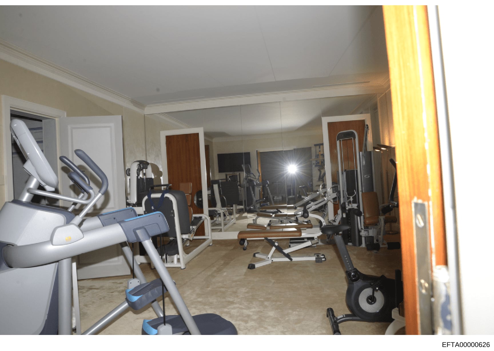 This photograph shows an upscale private gymnasium interior featuring multiple pieces of high-end exercise equipment including treadmills, stationary bikes, and weight machines. The room appears to be located within a luxury property and is equipped