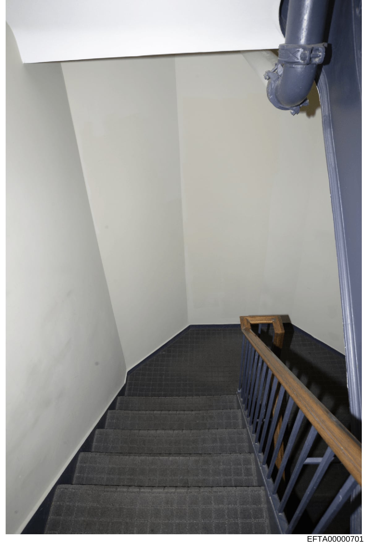 This is a photograph of an interior stairwell showing white painted walls, gray carpeted steps, and a wooden handrail with blue metal supports. The image appears to be evidence documentation from a property inspection, likely taken as part of the inv