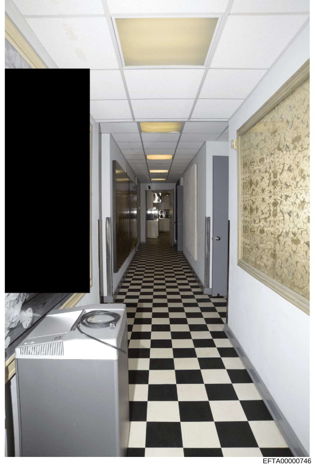 This photograph depicts an interior hallway, likely from one of Epstein's properties, showing a narrow corridor with distinctive black-and-white checkered tile flooring, recessed ceiling lights, white walls, decorative framed panels on the right wall