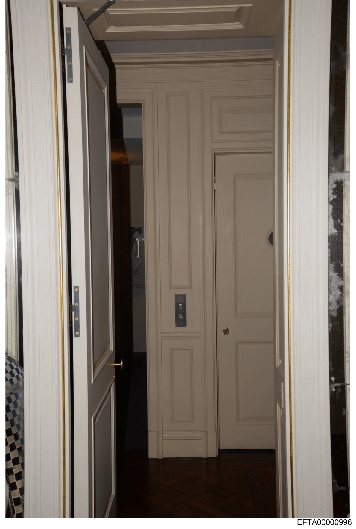 This photograph shows an interior hallway featuring a modern elevator installation within what appears to be a residential property. The image captures the elevator door, frame, and surrounding hallway architecture with paneled walls and white trim. 