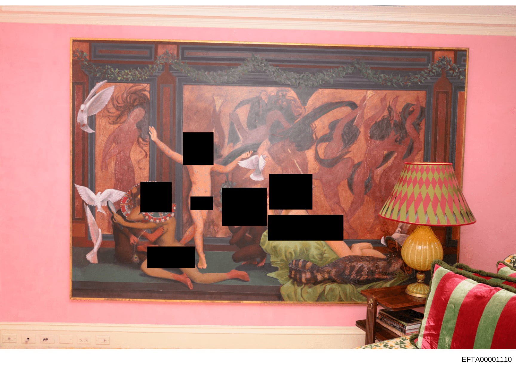 This photograph depicts an interior room with pink walls displaying a large classical or mythological artwork featuring multiple human figures. Several figures in the artwork have been redacted with black blocks. The room contains period furniture in