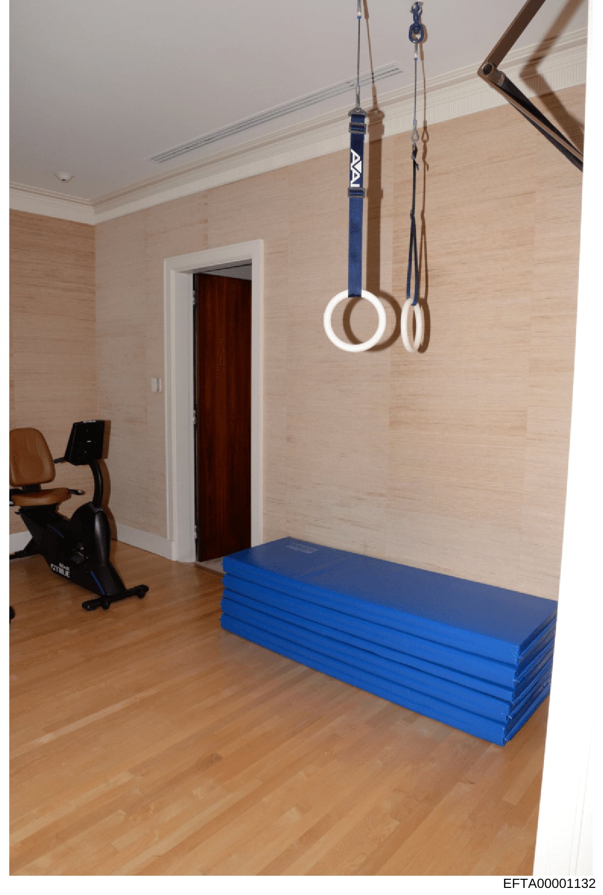 This is an evidence photograph showing an interior home gym space equipped with exercise equipment including gymnastic rings, a stationary recumbent exercise bike, blue floor mats, and suspended apparatus. The room features light-colored walls, hardw