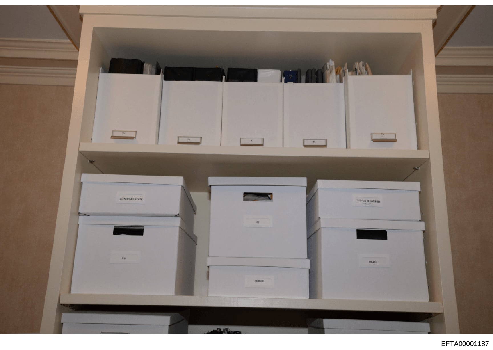 This photograph documents an organized storage shelving unit containing multiple white document boxes and file containers, each labeled with category tabs. The boxes are systematically arranged on two shelves and appear to contain organized records, 