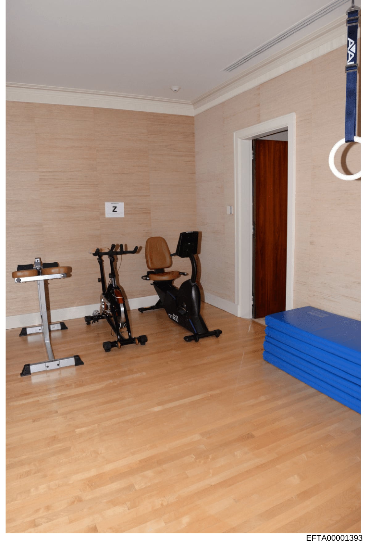 This photograph shows a private home fitness room containing multiple exercise machines including stationary bikes and a treadmill, along with blue exercise mats. The image documents the interior of what appears to be a luxury residential property an
