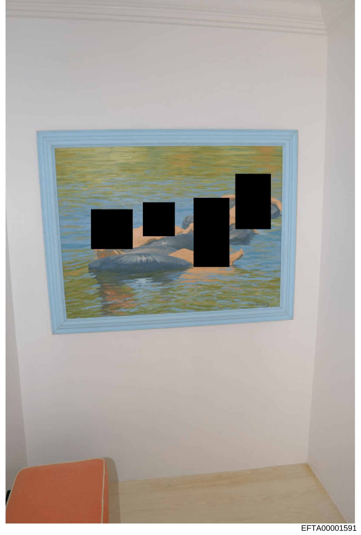 This is a photograph of an interior room showing a framed painting with a light blue frame mounted on a white wall. The painting depicts a water scene with green and blue tones. Four black redaction blocks have been applied over figures or subjects w
