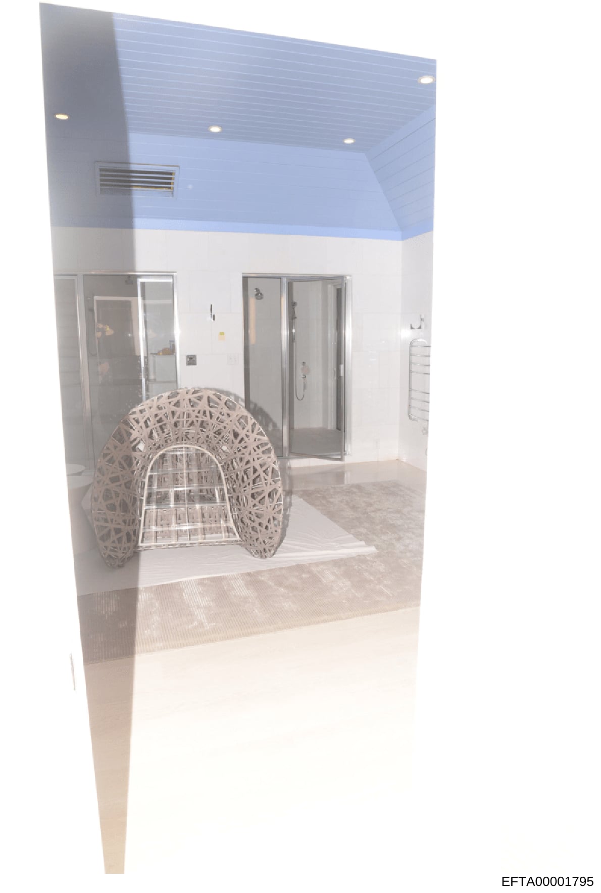 This document is a photograph or architectural rendering of a modern, high-end bathroom space featuring contemporary design elements. The image shows a spacious bathroom with a two-tone color scheme (blue upper walls, white lower walls), recessed lig