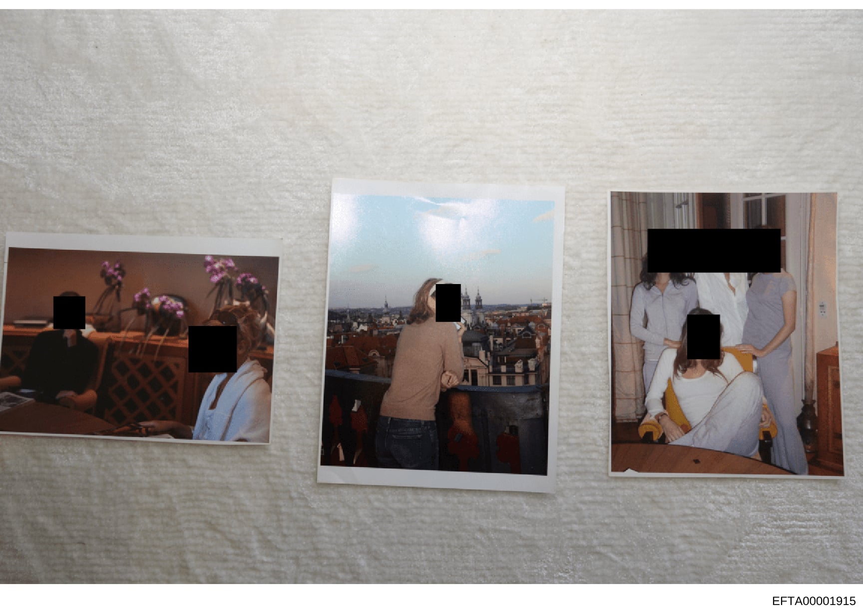 This evidence photo displays three separate photographs arranged on a light-colored surface, all showing individuals with their faces redacted by black censoring blocks. The images depict various settings including an interior room with floral decora