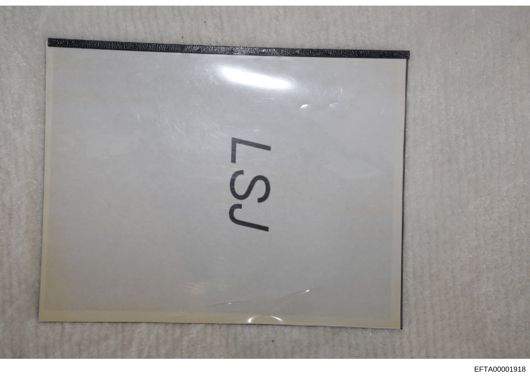 This is a photograph of a clear plastic evidence bag or document sleeve containing a white card or label marked with 'EFTA' handwritten in dark ink. The bag appears to be a standard evidence storage container used in law enforcement investigations, w