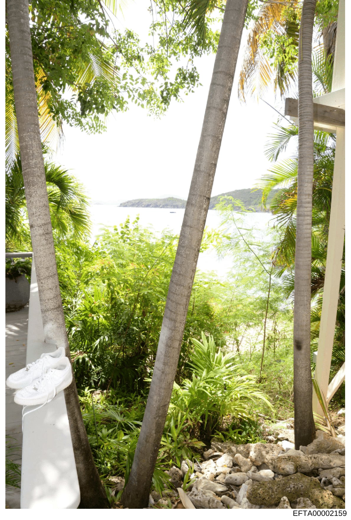 This is a photograph of a tropical oceanfront property showing a white structure (likely a building or deck), lush vegetation including palm trees, and a clear view of the ocean with an island or peninsular landform visible in the distance. The image