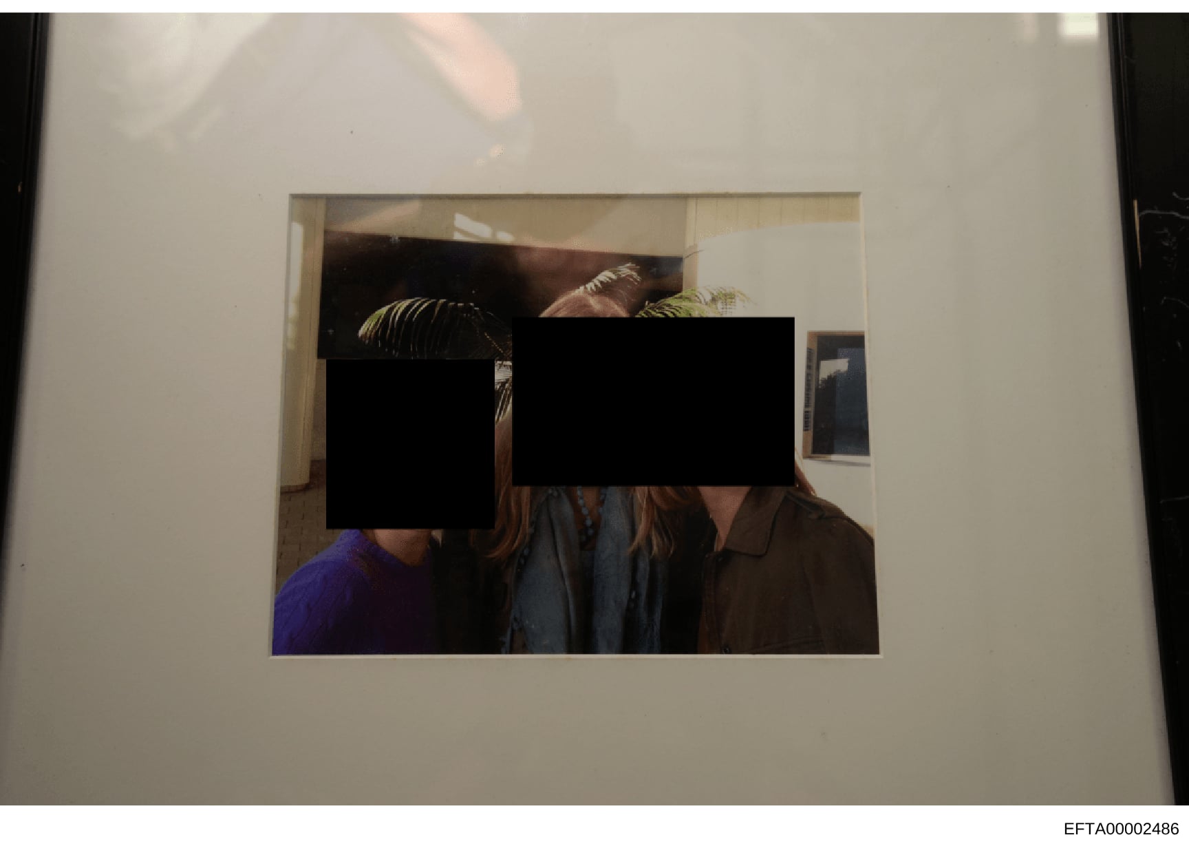 This is a photograph showing three individuals in an indoor residential or office setting with significant portions of their faces obscured by black redaction boxes. The setting appears to be a well-appointed interior space with decorative plants and