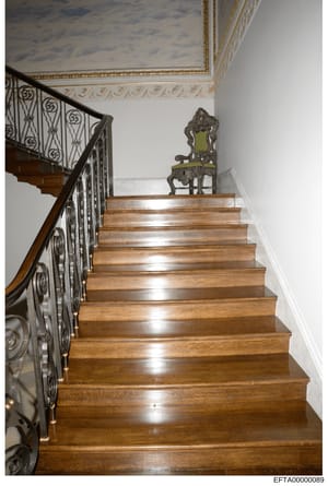 This photograph documents the interior of a luxurious residence, showing a sweeping wooden staircase with an ornate black wrought-iron railing featuring decorative scrollwork. The image captures detailed architectural elements including coffered ceil