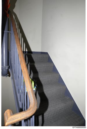 This is a photograph of an interior staircase featuring a wooden handrail with a polished finish and a blue/purple metal railing with vertical spindles. The image captures architectural details of what appears to be a residential property, with white