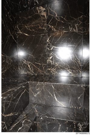 This is a photograph of a high-end bathroom interior featuring black marble tile walls with gold veining and recessed lighting fixtures. The image captures luxury residential property finishes, likely from one of Epstein's known residences. The photo