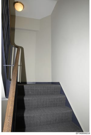 This is an evidence photograph showing an interior stairwell with modern finishes, including dark carpeted steps, light-colored walls, wooden handrail, and recessed lighting. The photo appears to be part of property documentation in the investigation