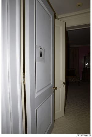 This photograph shows an interior hallway from what appears to be a residential property, featuring a gray door with a 'W' label affixed to it, along with cream-colored doors and carpeted flooring. The image likely documents the interior layout of a 