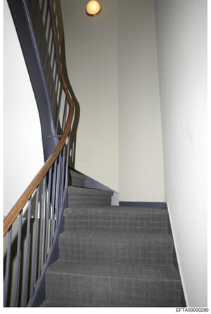 This is a photograph of an interior stairwell featuring gray carpeted stairs descending downward, a wooden handrail on the left side, white walls, and a round ceiling light fixture. The image appears to be documentation of a property interior, likely
