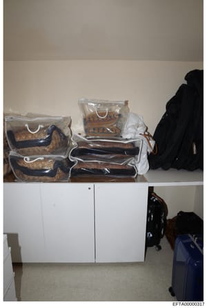 This is a photograph of the interior of a residential closet or storage area showing multiple designer handbags in clear protective storage bags arranged on top of a white cabinet, along with black and dark-colored clothing items. The photo appears t