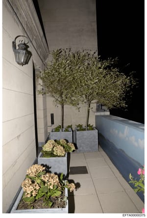 This is a photograph of an outdoor terrace or balcony area showing architectural features and landscaping. The image depicts a modern residential or commercial exterior space with potted plants, trees in planters, decorative lighting fixtures, and wh
