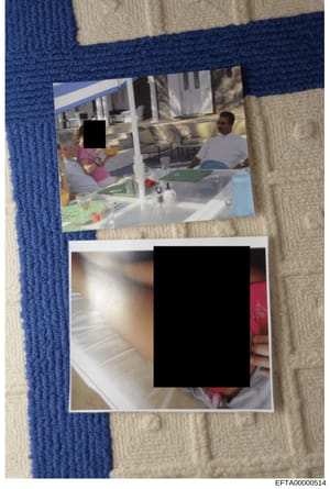 This document consists of two photographs placed on a striped fabric background. The top photograph shows two individuals in what appears to be a covered outdoor living area or pavilion with white columns and modern furnishings. The bottom photograph
