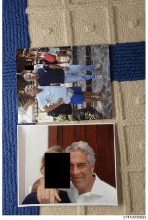 This document contains two printed photographs laid on a striped textile surface. The top photo shows multiple individuals standing outdoors at what appears to be a residential property with patterned exterior walls. The bottom photo is a close-up po