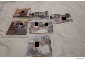 This evidence photograph shows a collection of approximately 7-8 printed photographs arranged on a white surface, documenting what appears to be personal social occasions and residential settings. Multiple faces in the photographs have been redacted 