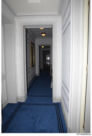 This is a photograph of an elegant residential hallway featuring white painted walls with detailed trim work, recessed ceiling with cove molding, and a deep blue patterned carpet with black border detailing. The hallway extends into the distance with