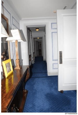 This photograph shows an elegant hallway interior featuring white wainscoting, blue carpet flooring, and period furniture. The image documents the interior design and layout of what appears to be an upscale residential property, likely taken as part 