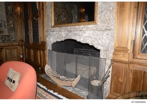 This photograph documents an interior room featuring a decorative fireplace with a detailed marble mantelpiece, ornate gold-framed mirror, wood paneling, and period furnishings including a red upholstered chair. The image appears to be from an eviden