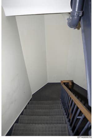 This is a photograph of an interior stairwell showing white painted walls, gray carpeted steps, and a wooden handrail with blue metal supports. The image appears to be evidence documentation from a property inspection, likely taken as part of the inv