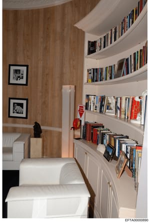 This is a photograph of an interior room space, likely from one of Jeffrey Epstein's properties, showing a well-appointed area with curved built-in white bookshelves containing numerous books and media, wood-paneled walls, framed photographs, and uph