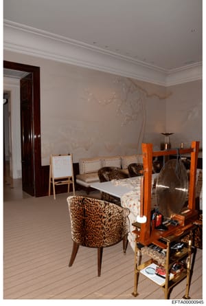 This is a photograph of an elegantly appointed interior room featuring high-end furnishings, decorative elements, and custom design. The space includes leopard-print upholstered seating, a sofa with decorative pillows, artwork on walls, and various d