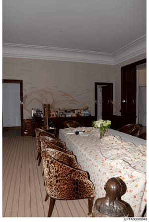 This is a photograph of an upscale bedroom interior, showing high-end furnishings including leopard-print chairs, a bed with decorative bedding, dark wood furniture, and framed photographs on a dresser. The room features professional interior design 