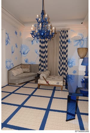 This is an architectural or interior design rendering depicting an elegantly decorated sitting room with a sophisticated blue and white color scheme. The room features a blue crystal chandelier, botanical wallpaper, geometric patterned curtains, a be