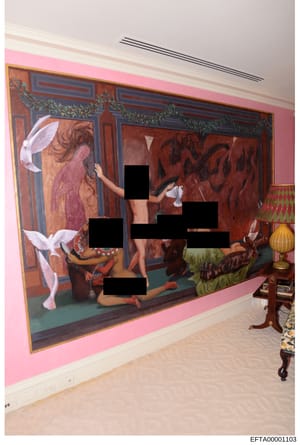 This photograph documents an interior room with a large classical-style fresco mural depicting mythological or erotic scenes, mounted on a bright pink wall. The image shows artwork that appears to be from one of Epstein's properties, featuring classi