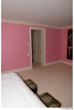This is a photograph of a residential bedroom interior featuring bright pink walls, white crown molding and door frames, beige carpeted flooring, and what appears to be decorative bed pillows with ornate dark embellishments in the foreground. The ima