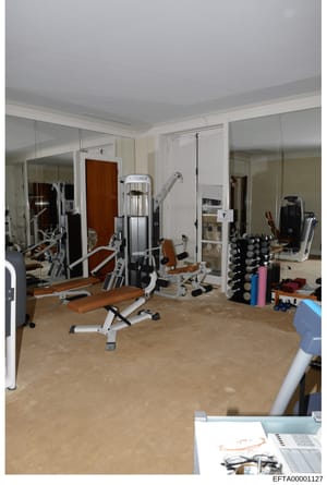 This photograph documents a residential gymnasium space featuring extensive fitness equipment including weight machines, dumbbells, exercise benches, and cardio equipment. The room contains mirrored walls, professional-grade fitness apparatus, and ap