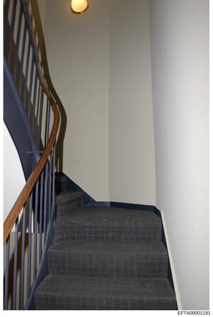 This photograph shows an interior staircase from one of the properties associated with the Epstein investigation. The image captures architectural details including a wooden handrail, metal spindles, dark-colored carpeting on the steps, white walls, 