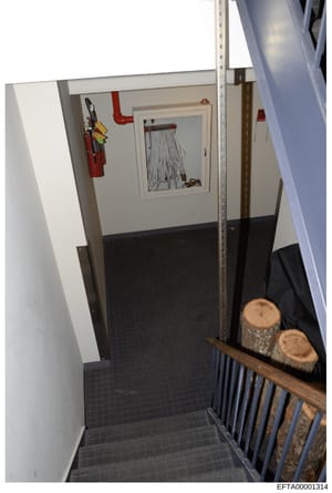 This photograph shows a basement or utility room interior containing fire safety equipment, storage items, and structural elements. The image captures a fire extinguisher, emergency signage, framed artwork on the wall, two cut logs stored on a shelf,